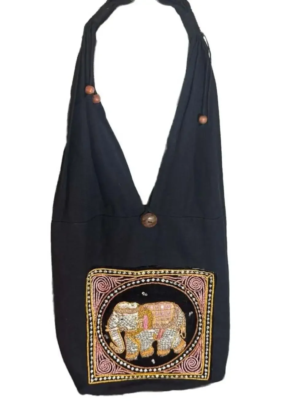 Thai Boho Black Cotton Hobo Bag Embroidered Sequin Elephant